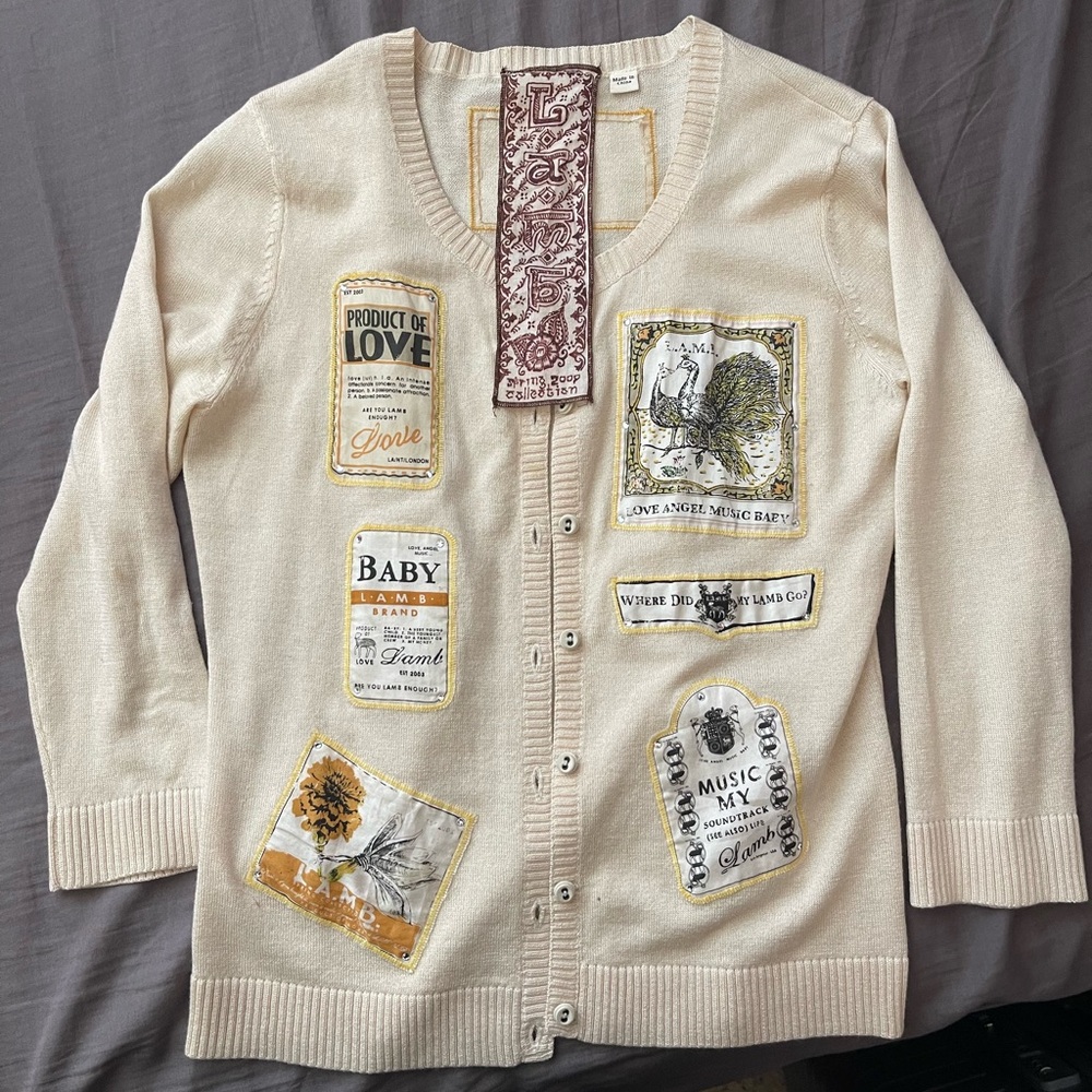 Vintage style L.A.M.B. Harajuku lovers Cream Cardigan with Artistic Patches
